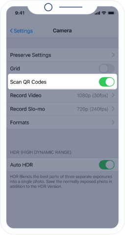 Find “Scan QR Codes” and enable it by making sure the switch is green.